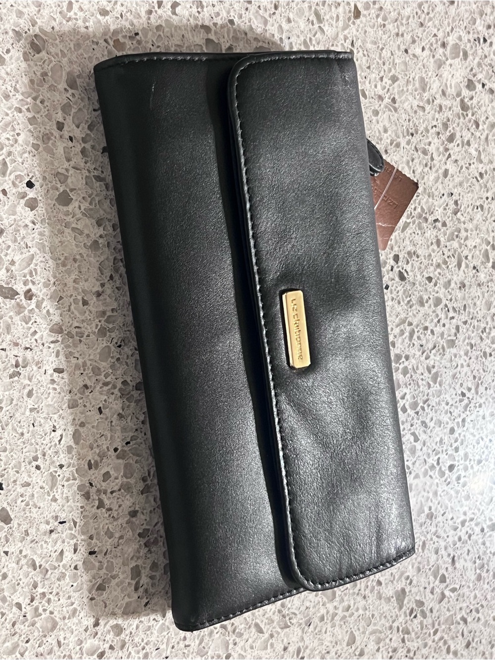 Liz Claiborne Black Fold-Over Leather Wallet with Gold Plaque